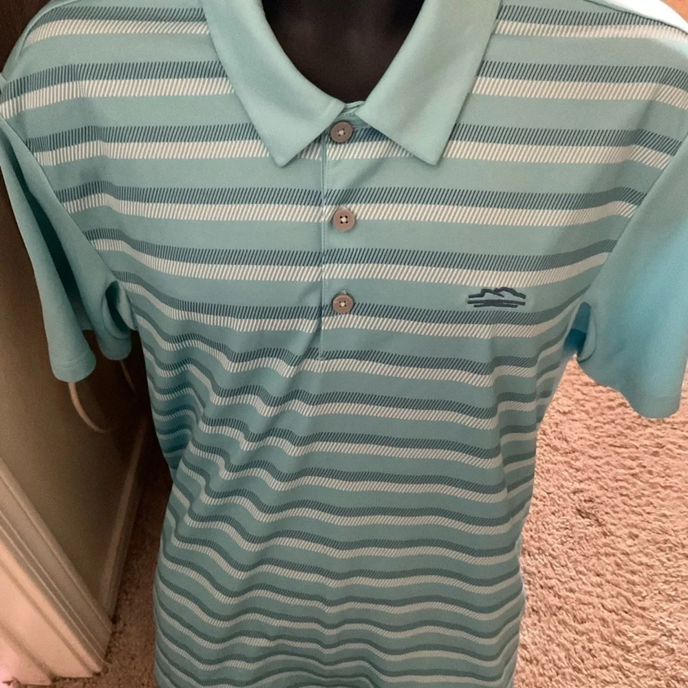 Men’s used Adidas Clima Cool size L Large polo shirt green blue striped